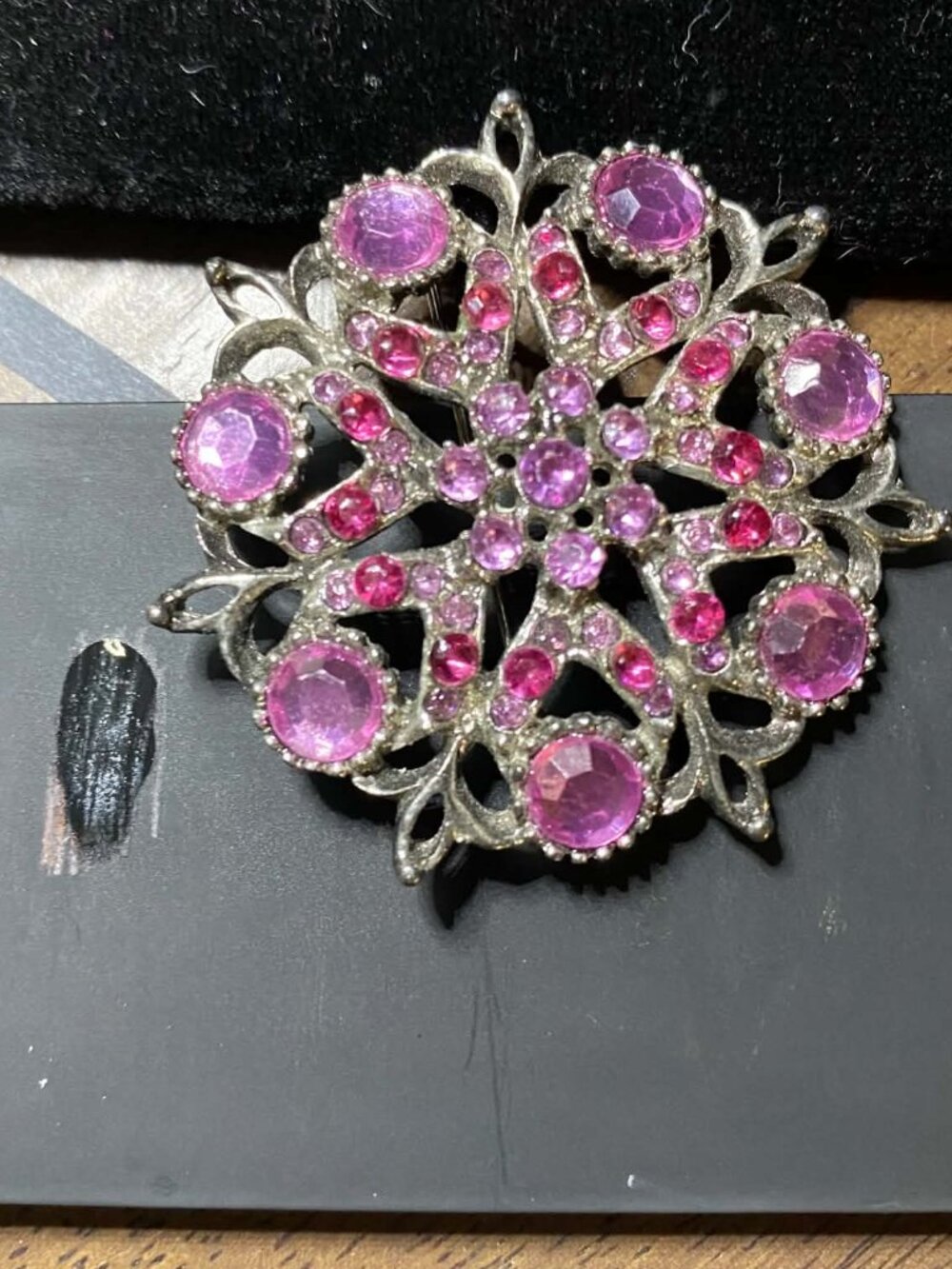 Vintage Sterling Pink/Purple Rhinestone Floral Sunburst Snowflake Brooch